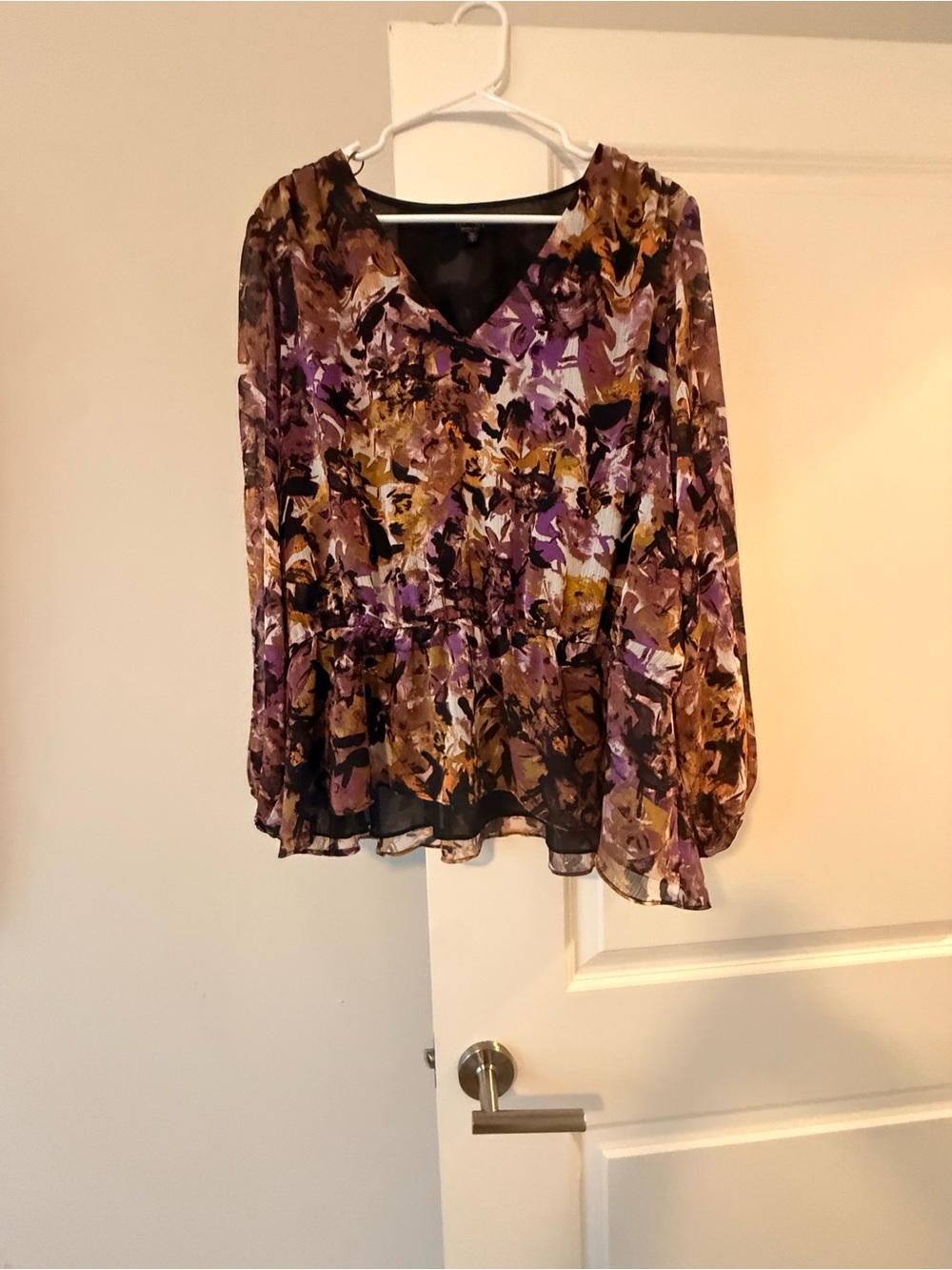 Rachel Floral V-Neck Peplum Blouse in Purple and Brown